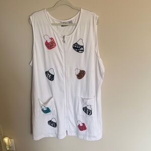 White Sleeveless Women's Swim Coverup with Colorful Purse Appliqués